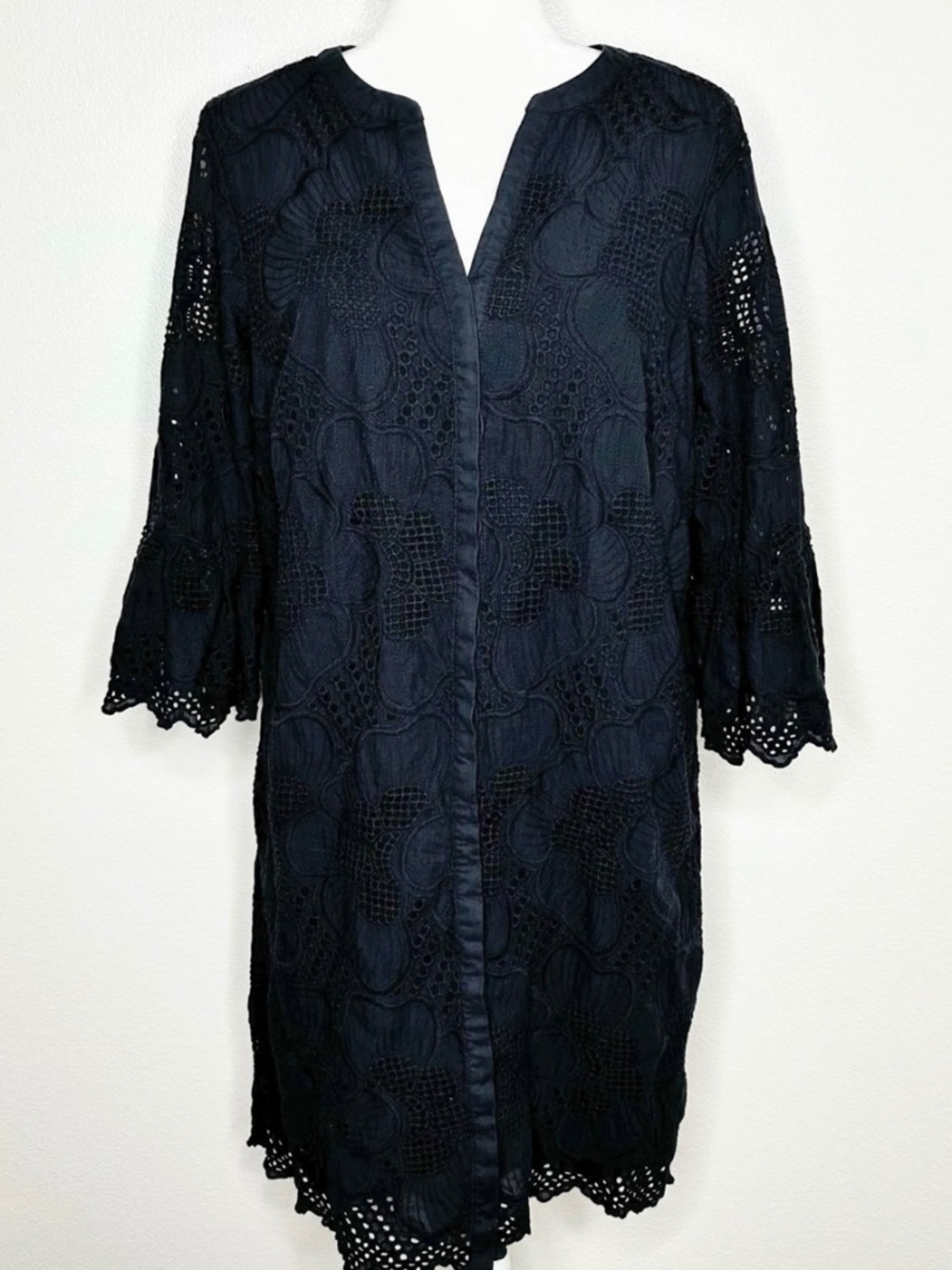 Chicos Womens Navy Blue Crochet Button-Up Shirt Dress Bell Sleeve Size 1/ M